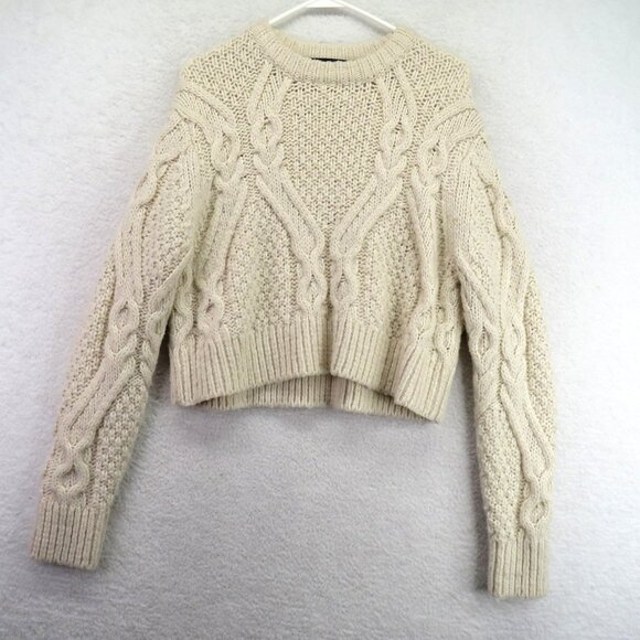 French Connection Sweater Womens Large Ivory Cable Knit Cropped Crew Wool Alpaca - Picture 1 of 9